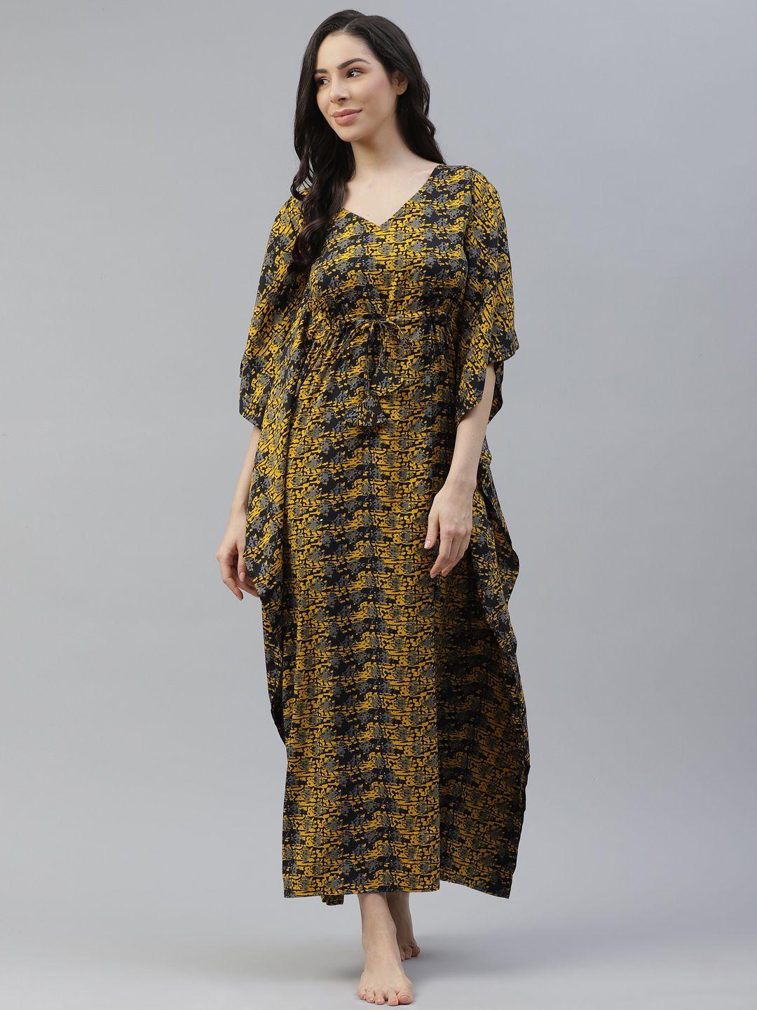 cottinfab mustard yellow & black printed kaftan maxi nightdress