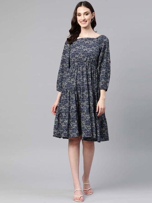 cottinfab navy & grey floral print a-line crepe dress