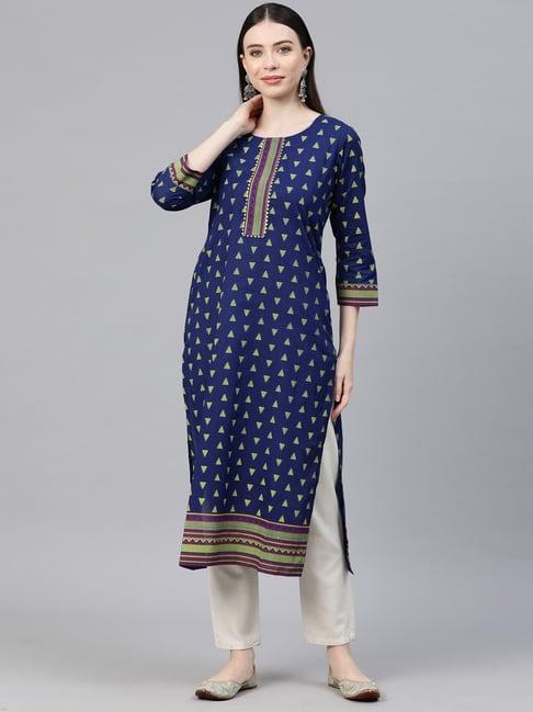 cottinfab navy printed a line kurta