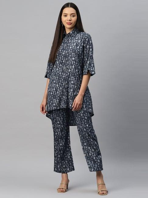 cottinfab navy printed crepe tunic pants set