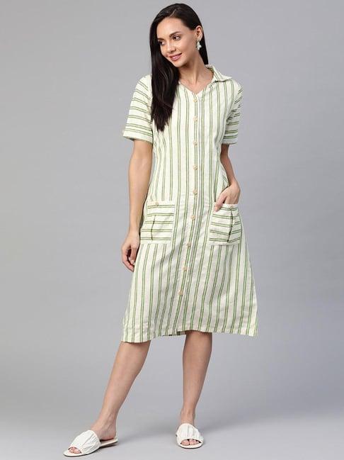 cottinfab off white & green striped cotton dress