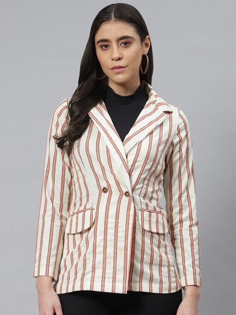 cottinfab off white & orange cotton striped blazer