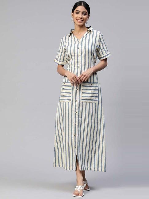 cottinfab off-white cotton striped shirt dress