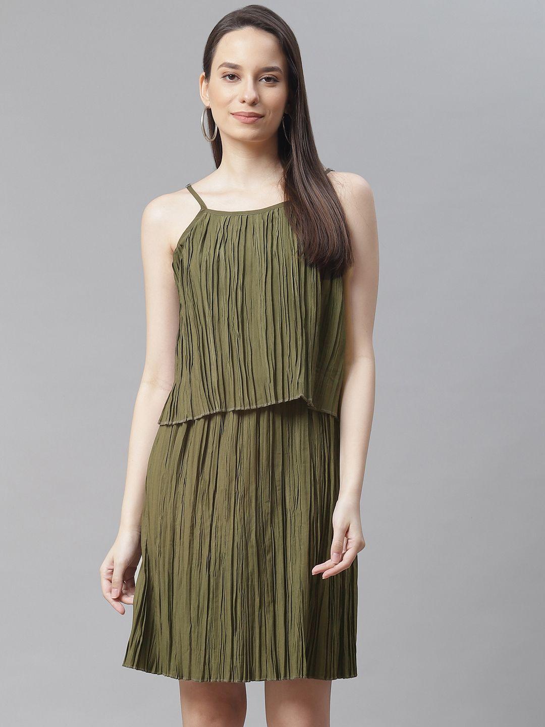 cottinfab olive green crepe accordion pleats a-line dress