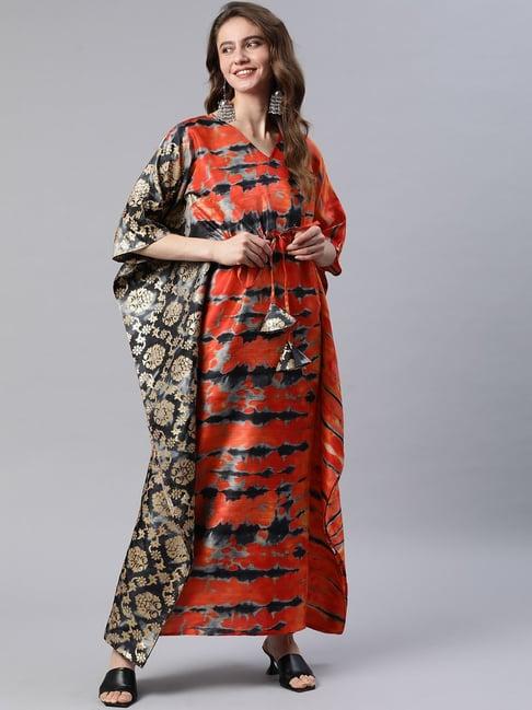 cottinfab orange & maroon printed kaftan kurta