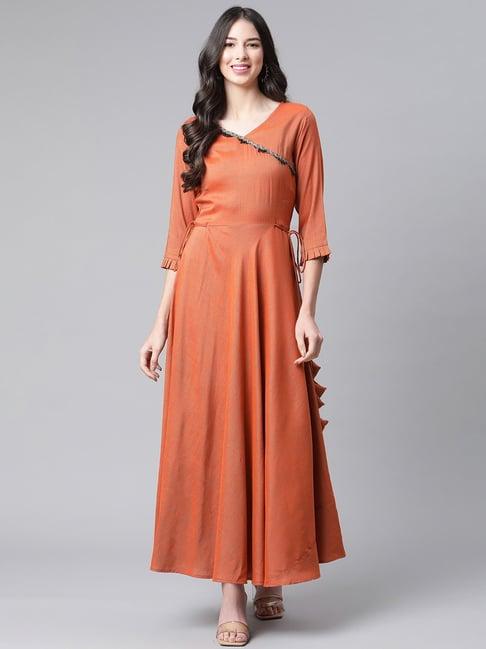 cottinfab orange maxi a-line rayon dress