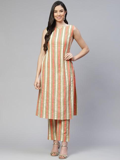 cottinfab orange striped cotton kurta set