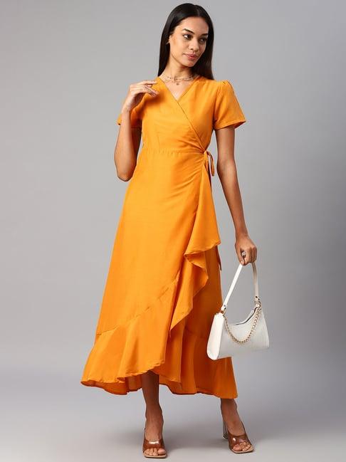 cottinfab orange wrap crepe dress