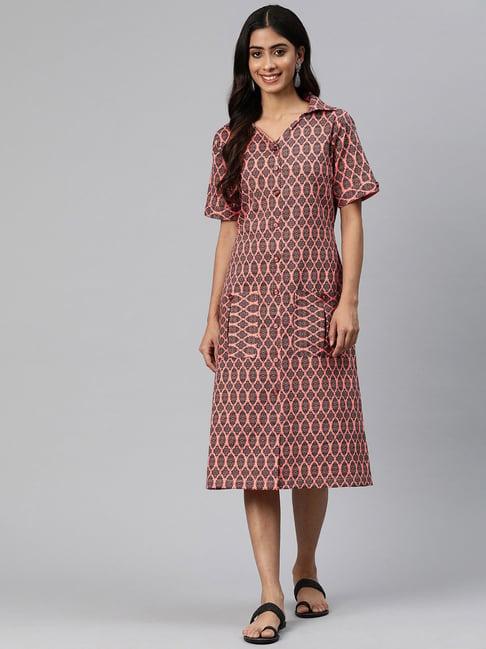 cottinfab peach & black printed shirt cotton blens dress