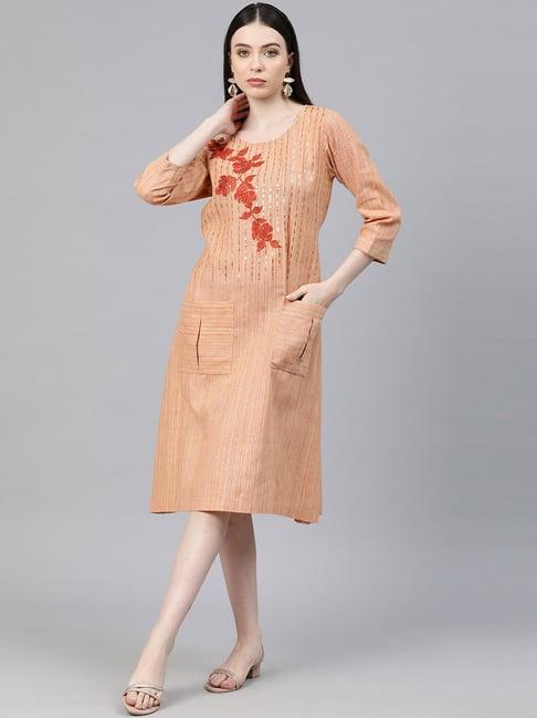 cottinfab peach cotton embellished a line cotton blens cotton blens dress