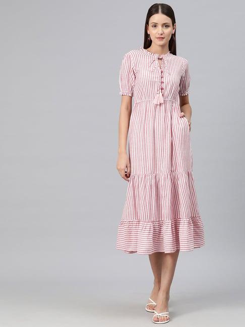 cottinfab pink & white cotton striped midi dress