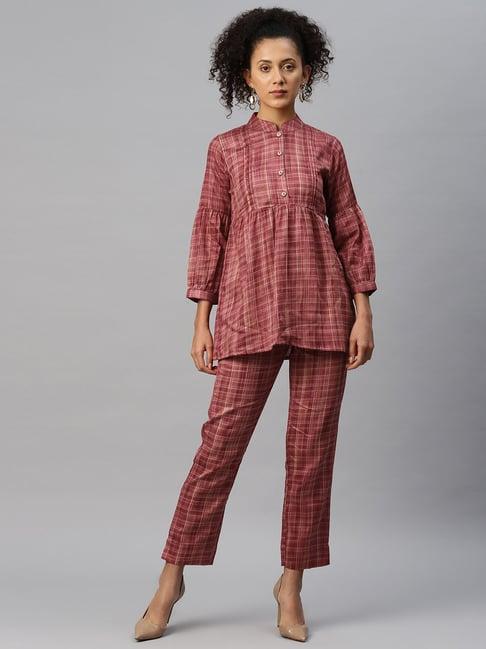 cottinfab pink chequered cotton tunic pants set