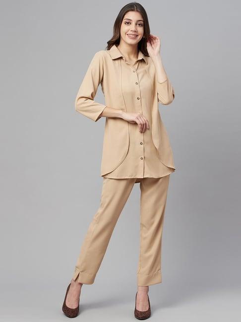 cottinfab polyester beige double layered shirt trouser set