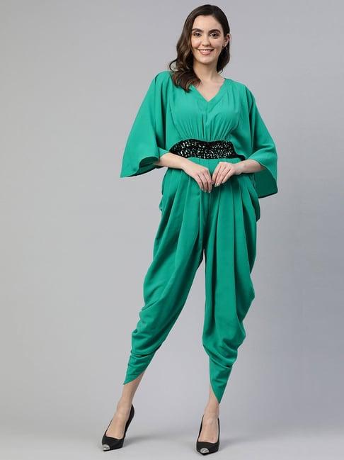 cottinfab polyester green embellished jumpsuit