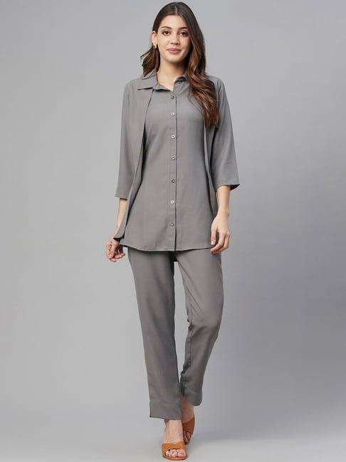 cottinfab polyester grey double layered shirt trouser set