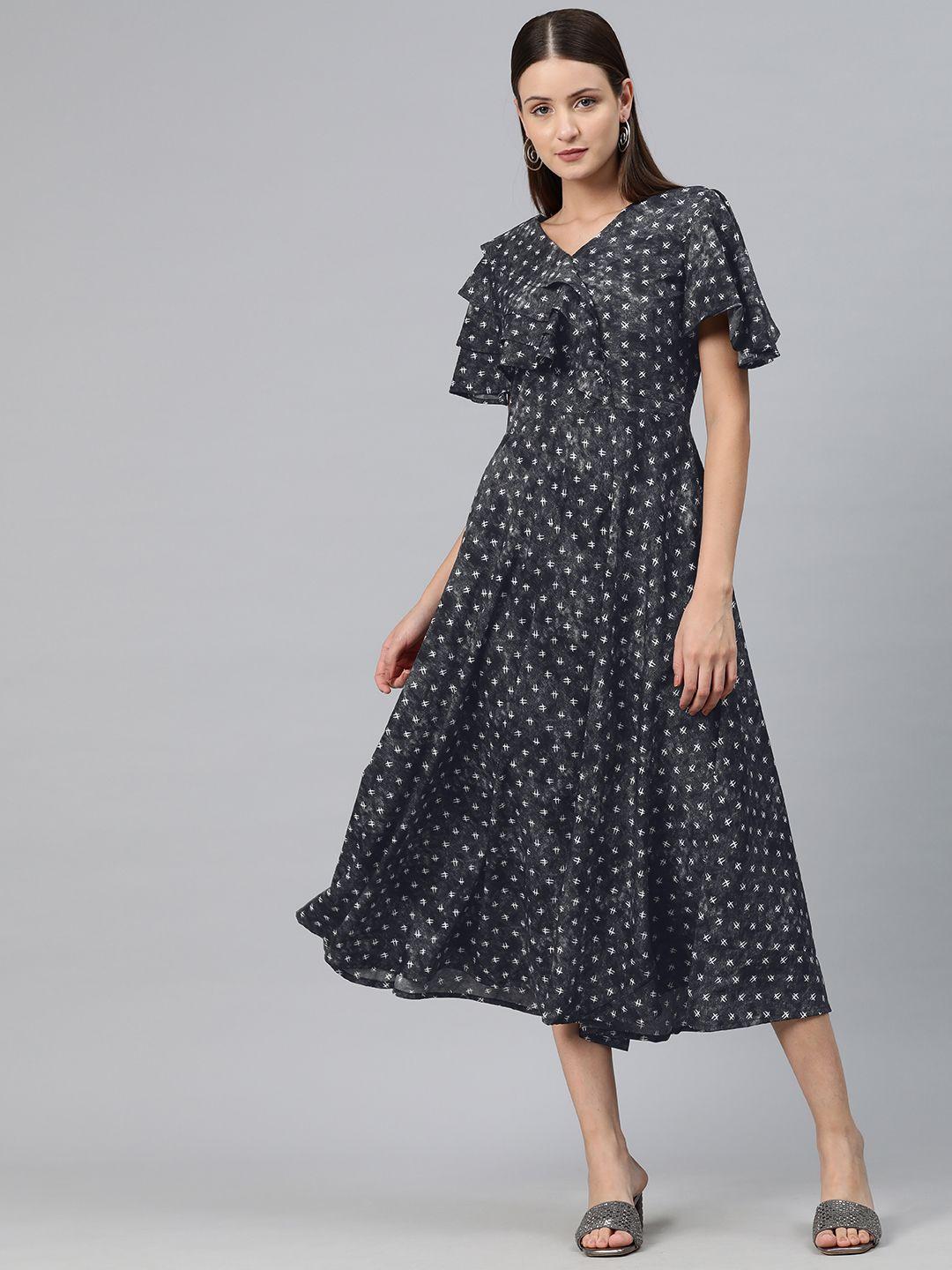 cottinfab print flared sleeves ruffled crepe a-line midi dress