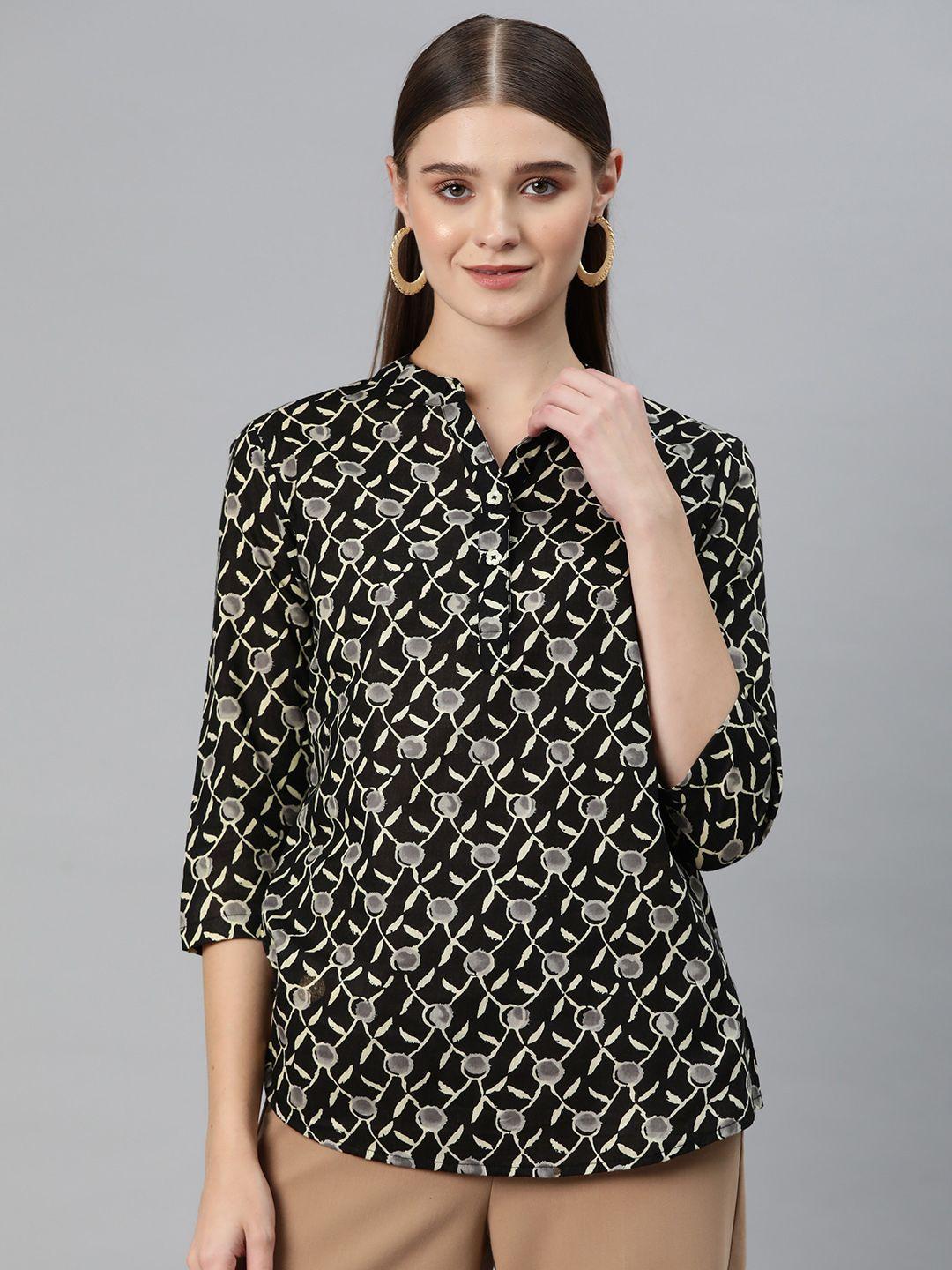 cottinfab print mandarin collar cotton shirt style longline top