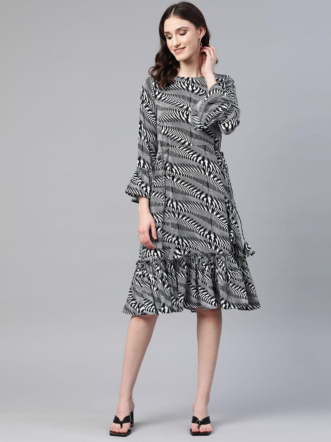 cottinfab printed bell sleeves tiered crepe dress with tie-ups detail