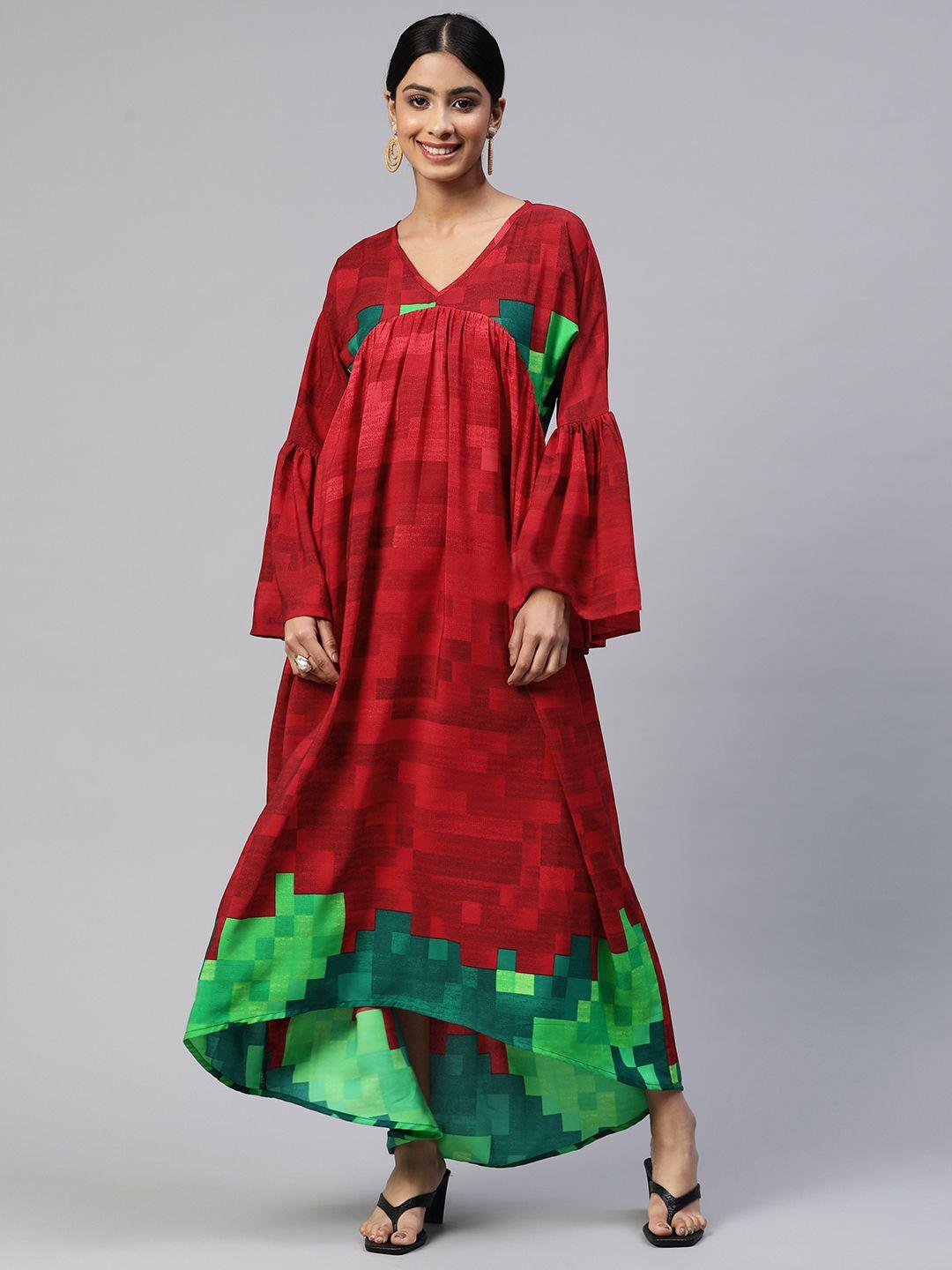 cottinfab printed crepe bell sleeves a-line maxi dress