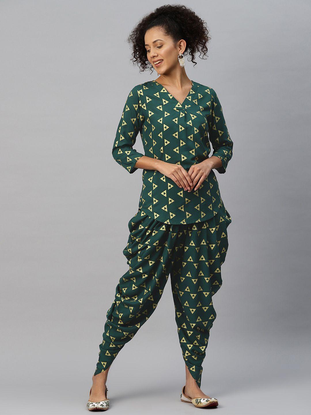 cottinfab printed v-neck top and dhoti pants