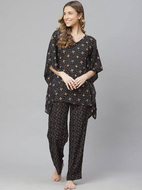 cottinfab rayon black printed kaftan top with pyjamas