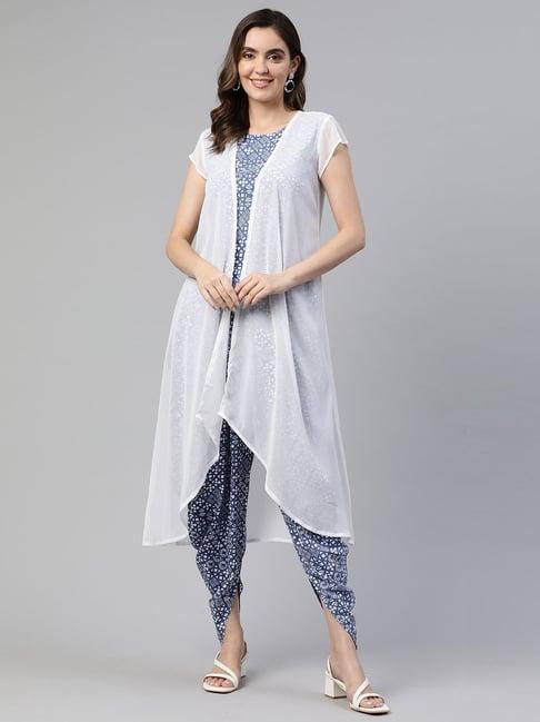 cottinfab rayon blue & white floral print jumpsuit with shrug