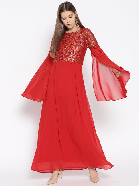 cottinfab red embellished maxi georgette dress