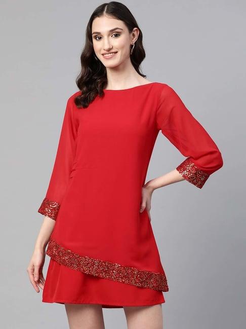 cottinfab red embellished shift georgette dress