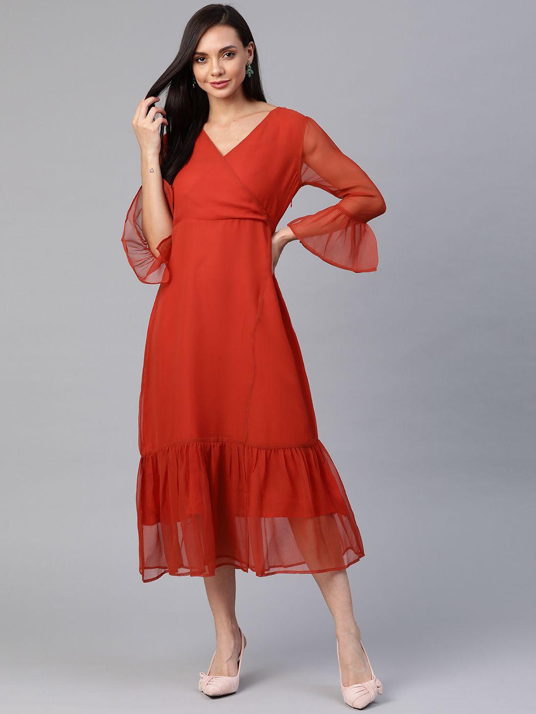 cottinfab rust orange solid midi wrap dress