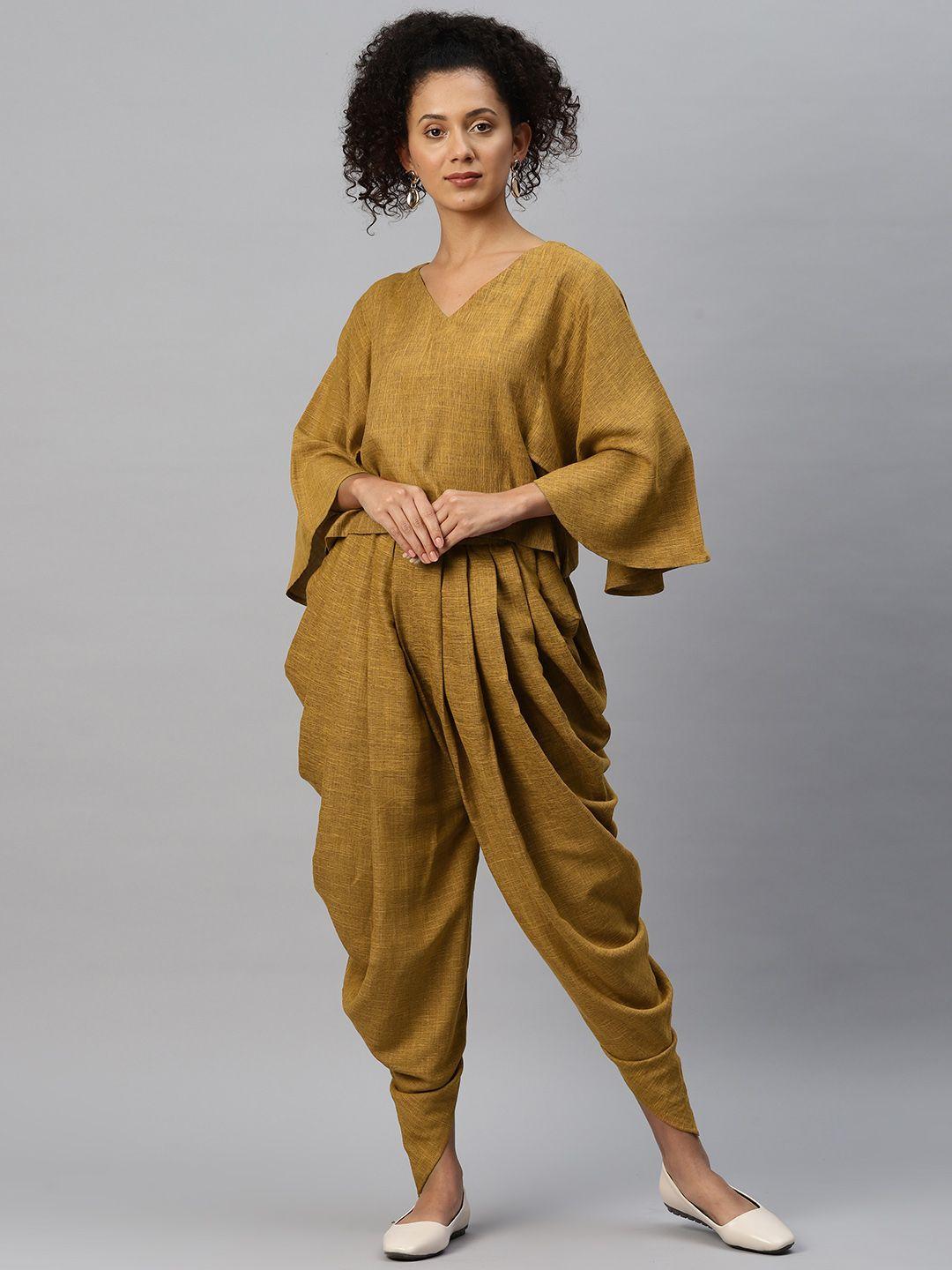 cottinfab solid v-neck top with dhoti pants