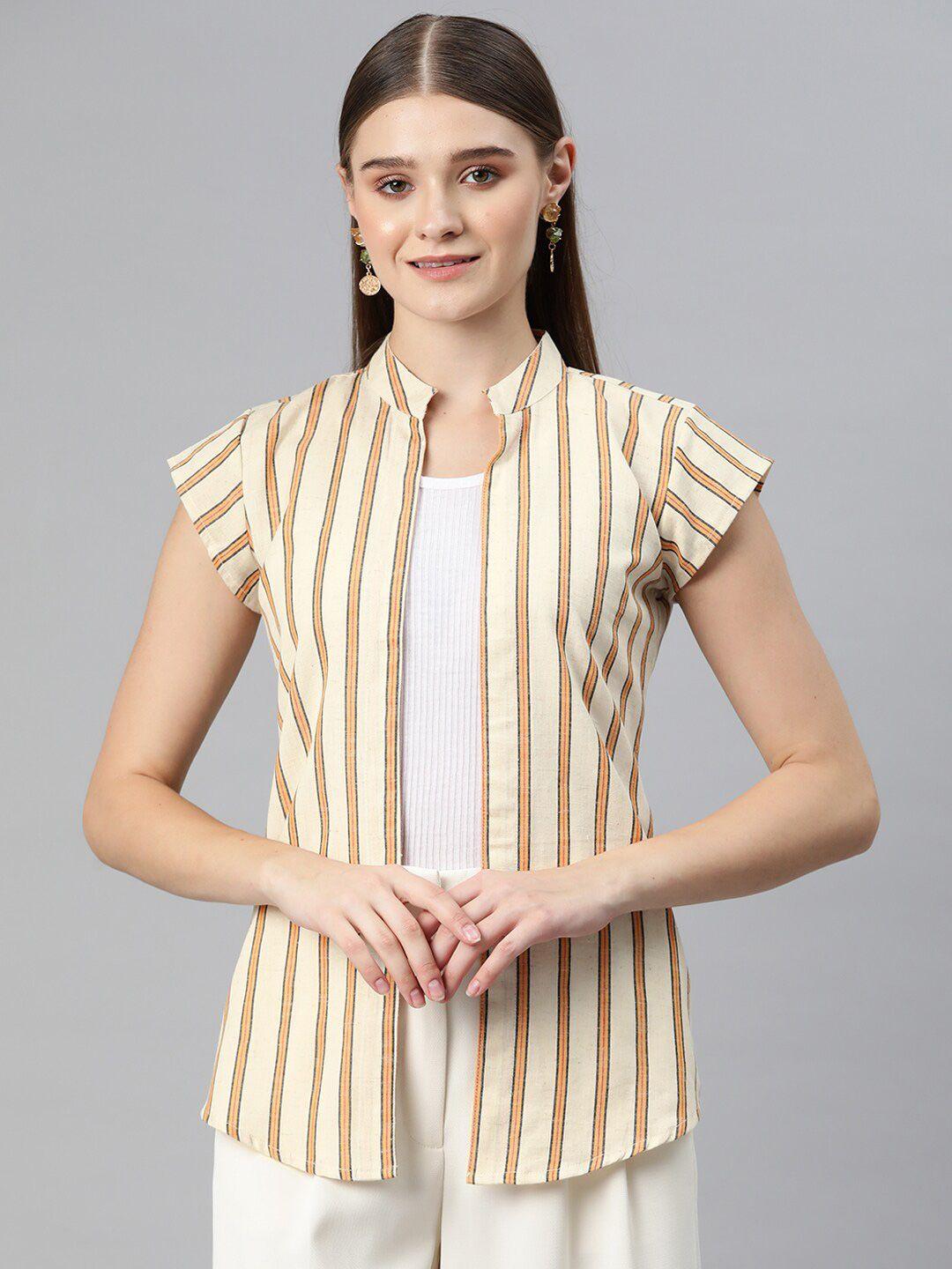 cottinfab striped mandarin collar cotton open front shrug