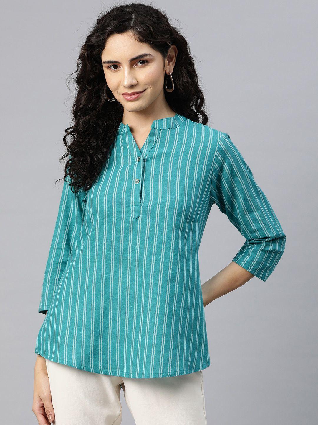 cottinfab striped mandarin collar cotton top