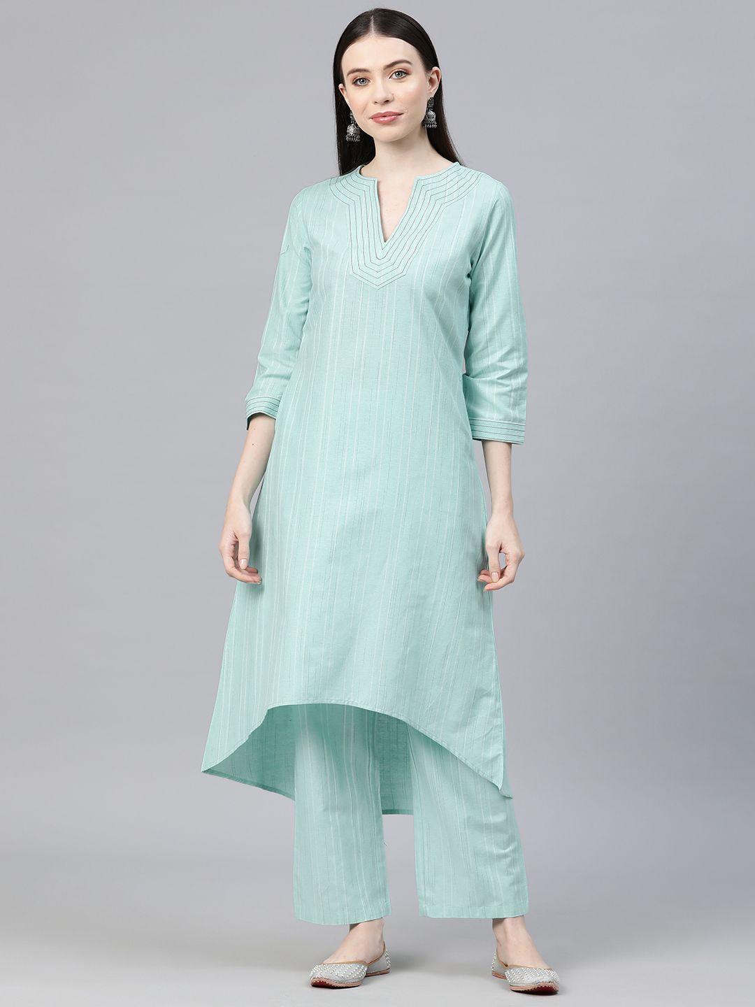 cottinfab striped thread work pure cotton kurta with trousers