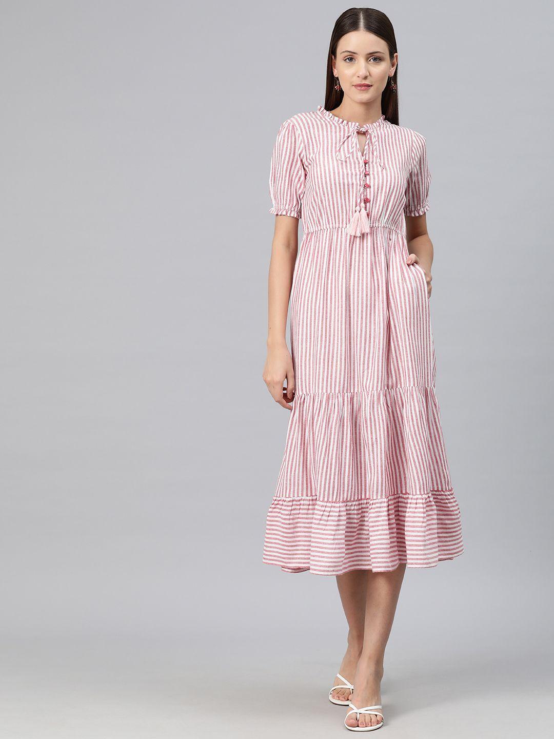 cottinfab striped tie-up neck a-line midi dress