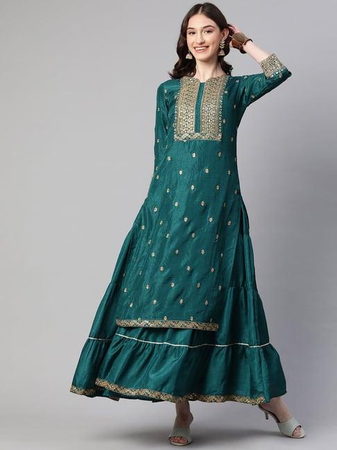 cottinfab teal silk embellished silk blend kurta