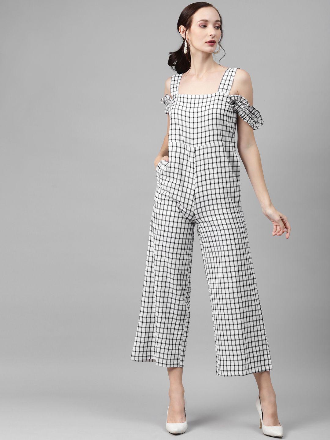 cottinfab white & black cotton checked cropped basic jumpsuit