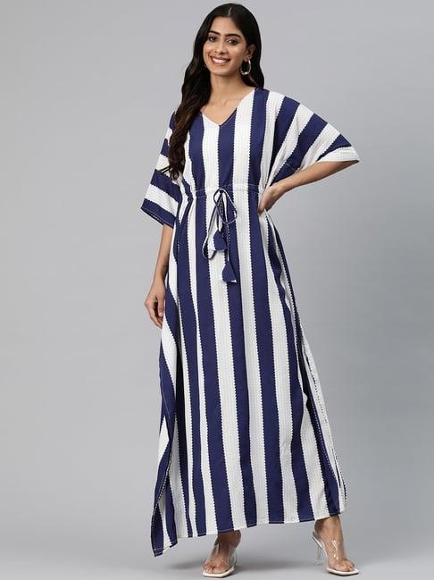 cottinfab white & blue striped maxi crepe dress