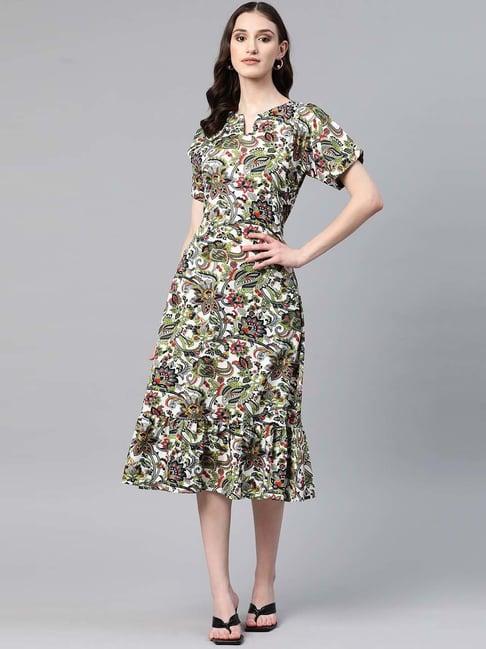 cottinfab white & green printed a-line crepe dress