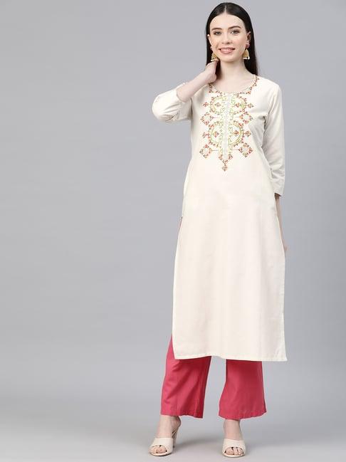 cottinfab white embroidered a line kurta