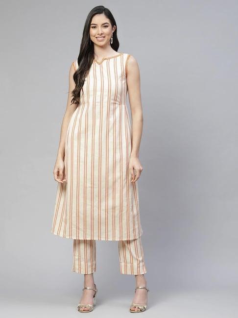 cottinfab white striped cotton kurta set