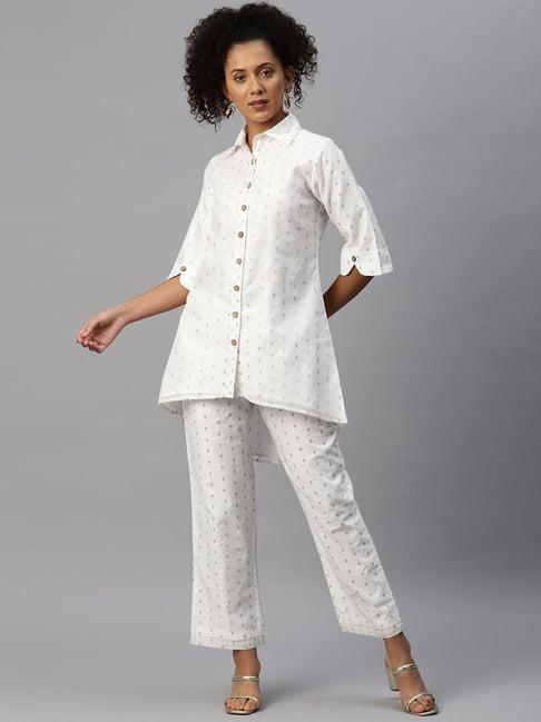 cottinfab white woven pattern tunic with pants set