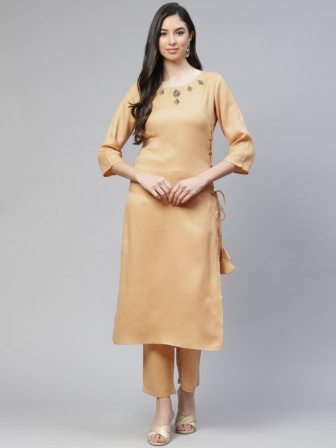 cottinfab women beige kurta with trousers