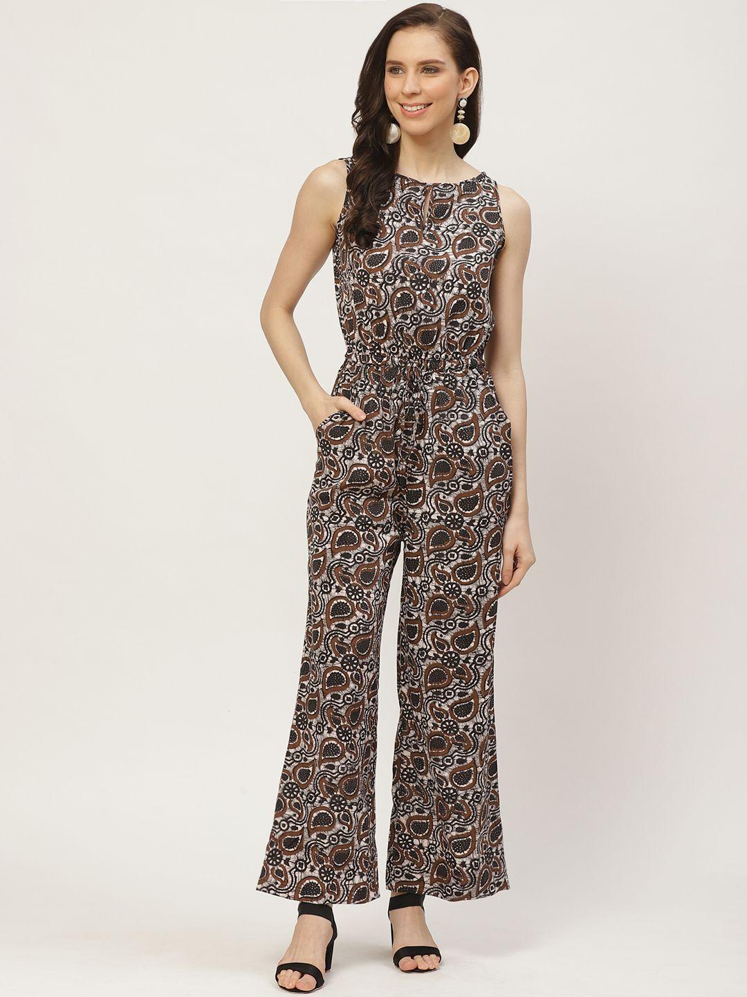 cottinfab women black & brown paisley printed basic jumpsuit