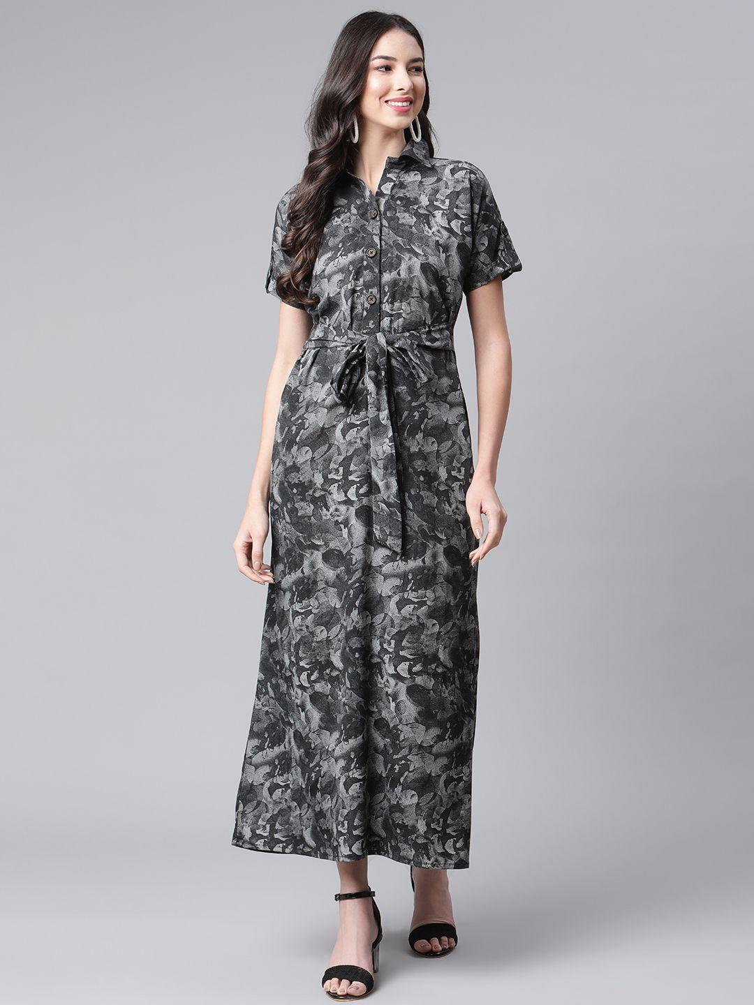 cottinfab women black & grey crepe a-line maxi dress