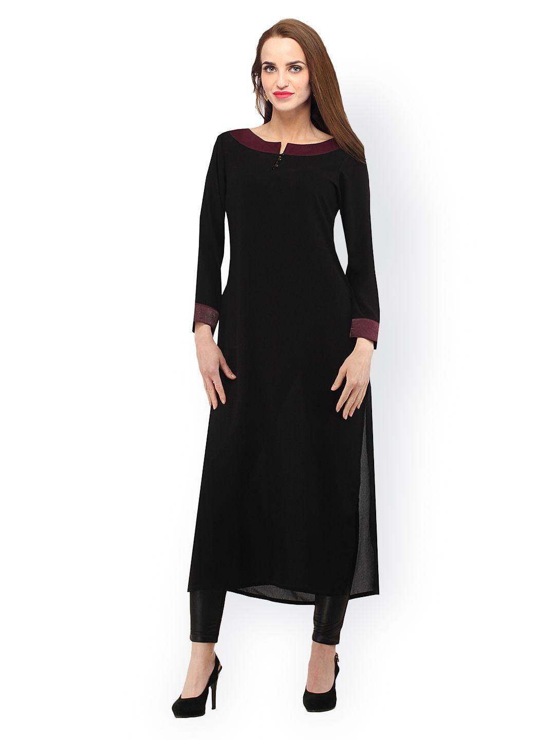 cottinfab women black  solid straight kurta