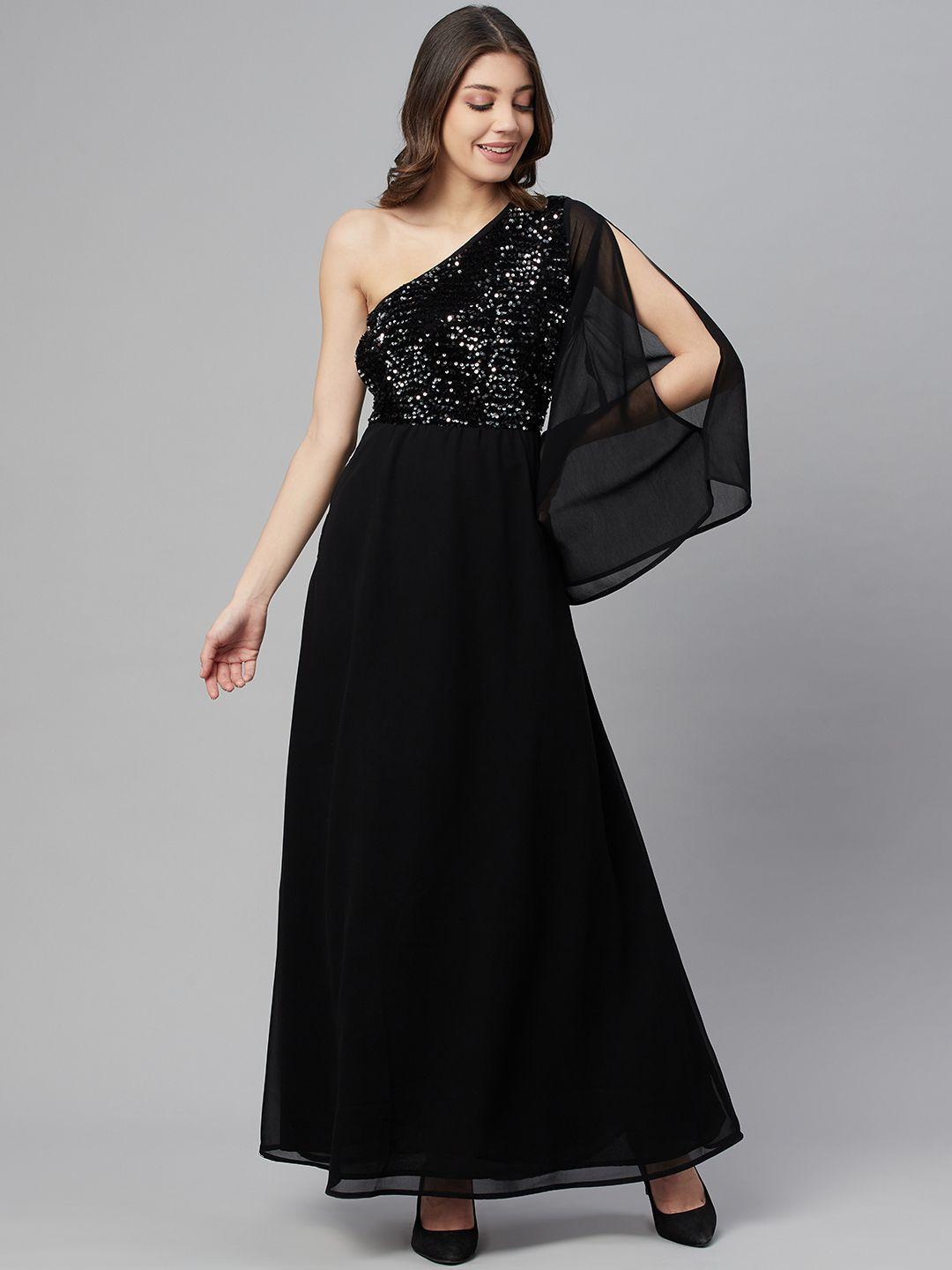 cottinfab women black solid one shoulder maxi dress