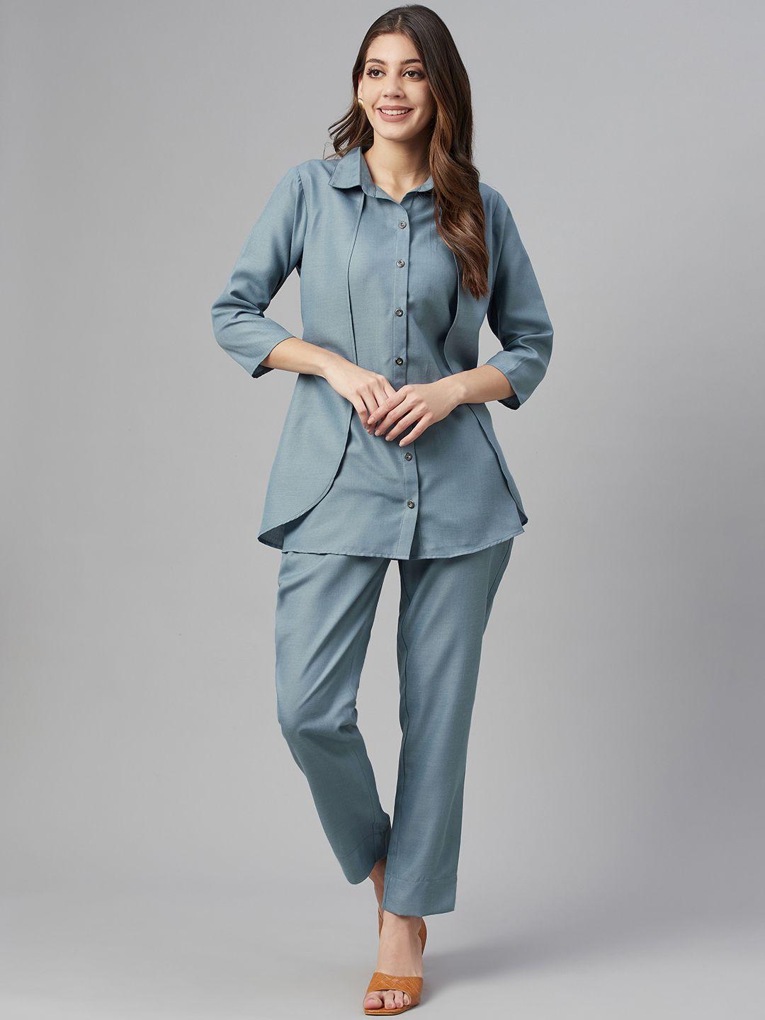 cottinfab women blue solid shirt with trousers
