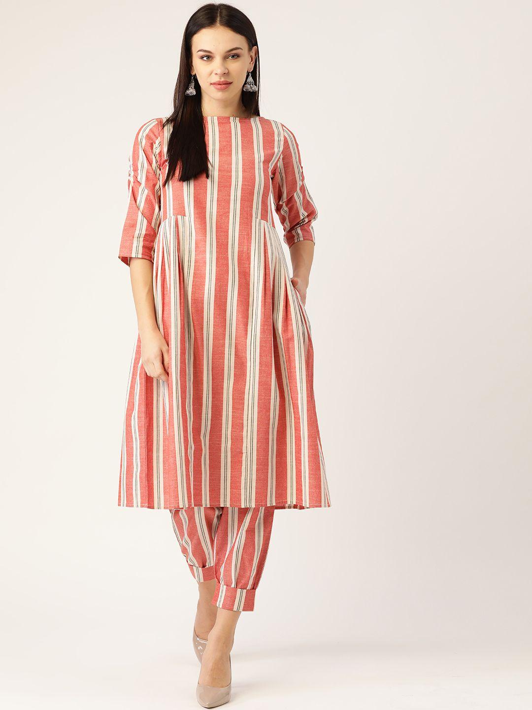 cottinfab women coral pink & off-white striped kurta with trousers