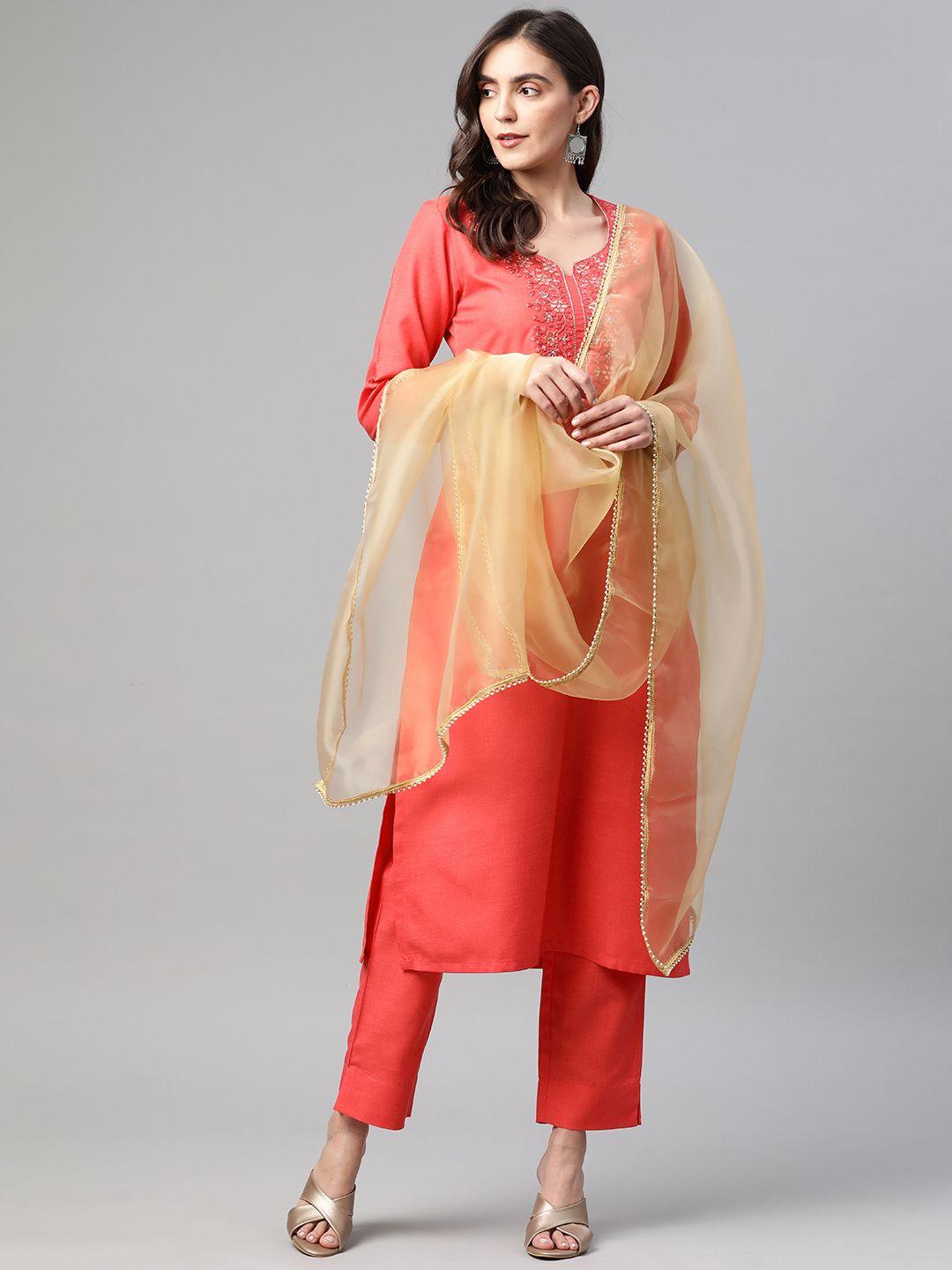 cottinfab women coral pink embroidered kurta with trousers