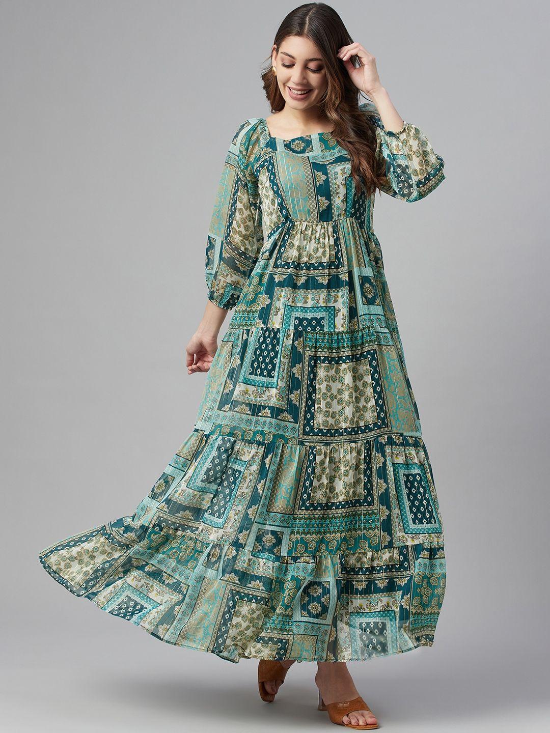 cottinfab women green & blue ethnic printed a-line maxi dress